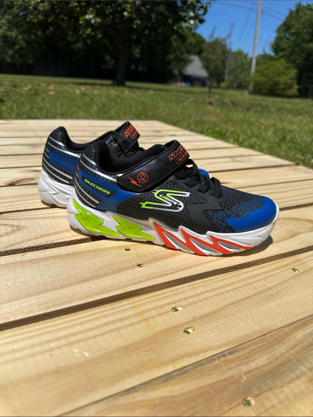 Skechers Black Blue Neon Green & Orange Boys Light-Up Athletic Sneakers